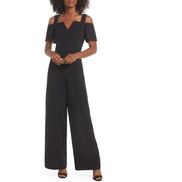Eliza J Cold Shoulder V-Neck Jumpsuit in Black 2 NWOT - Picture 2 of 15